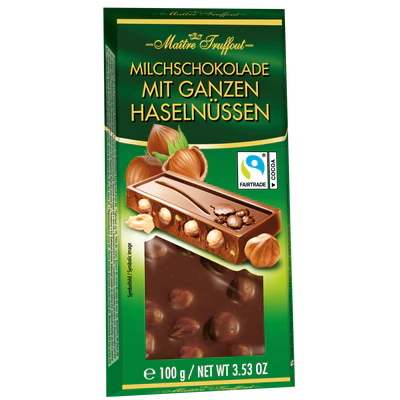 pack of Milk Chocolate w/ Whole Hazelnuts Bar, 100g