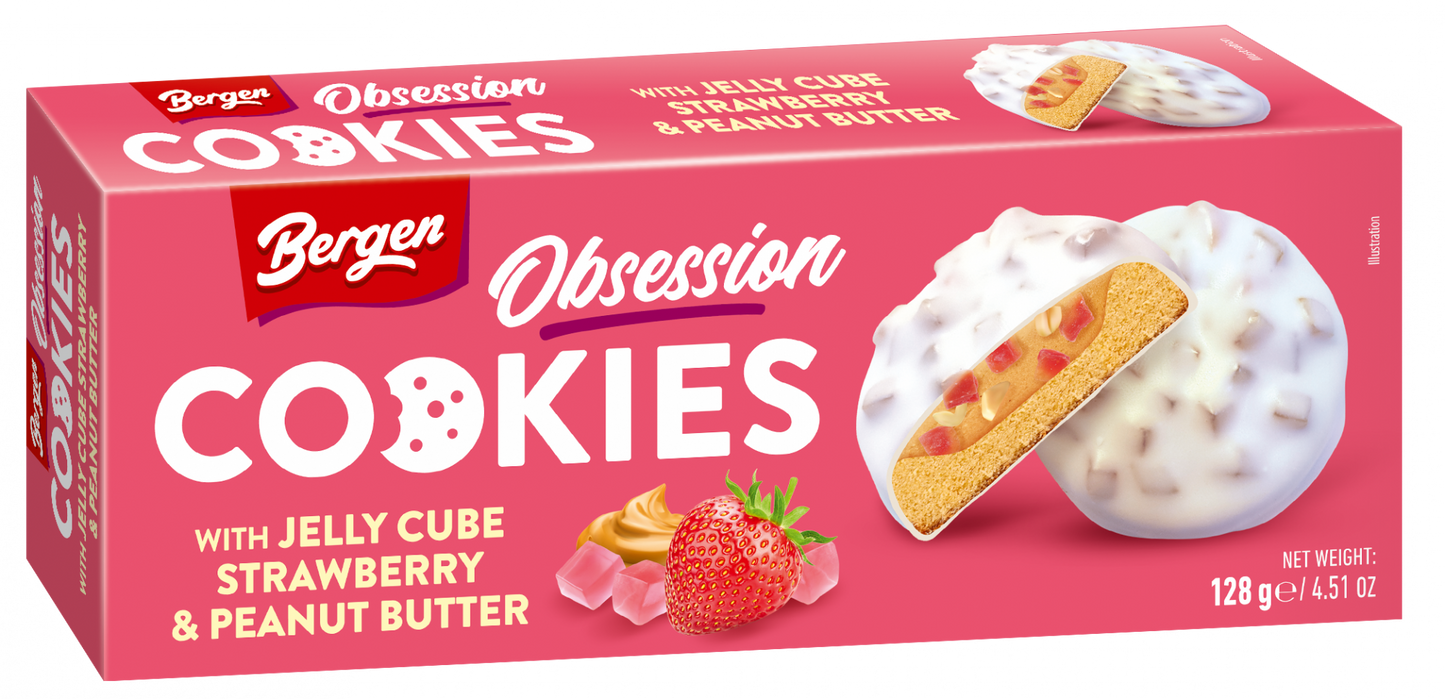 Bergen Obsession Cookies w/ Jelly & Peanut Pieces with Strawberry Flavour, 128g