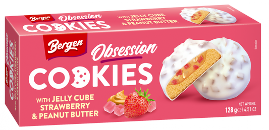 Bergen Obsession Cookies w/ Jelly & Peanut Pieces with Strawberry Flavour, 128g